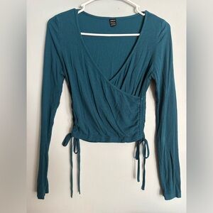 SHEIN Teal Long Sleeve Wrap Top
